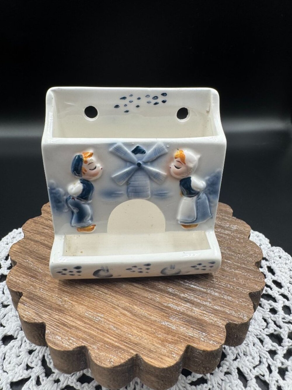 Vintage Enesco Dutch Treat Wall Match Holder Blue White Japan